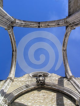 Ruins of the Gothic Church of the Carmo Convent aka Our Lady of Mount Carmel. Roofless nave and arches stand as a testimony to the