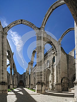 Ruins of the Gothic Church of the Carmo Convent aka Our Lady of Mount Carmel. Roofless nave and arches stand as a testimony to the