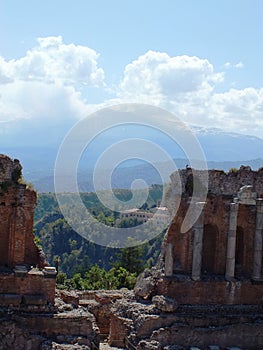 Ruins of the Greek Roman Theater with Etna, Taormina, Sicily, Italy