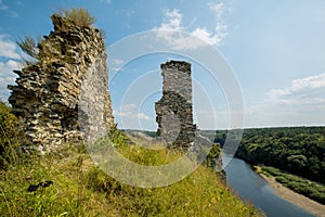 Ruins of Gubkiv Hubkiv castle on a Sluch river hills in summer near Gubkiv village, Rivne region, Ukraine