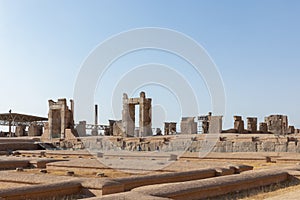 Ruins of Hall of 100 Columns viewed from Treasury in Persepolis