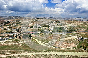 Ruins of Herodium Herodion Fortress of Herod the Great, Judaean Desert near to Jerusalem, Israel. View from Herodium Fortress wa