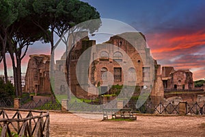 Ruins of the Hippodrome of Domitian in ancient Rome at sunset, Italy