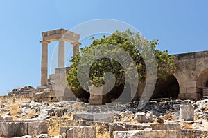 Ruins of a historic temple at the Acropolis of Lindos