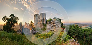 The ruins of Hrad Gymes Historical landmark in Jelenec near Nitra city, Slovakia, at sunset, Europe