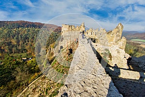 Ruins of hrad Sasov castle near river Hron during autumn