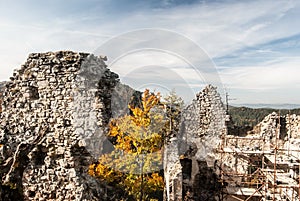 Ruins of Hricovsky hrad castle in Slovakia during nice autumn day