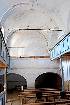 Ruins. Inside fortified medieval saxon evangelic church in the village Felmer, Felmern, Transylvania, Romania.