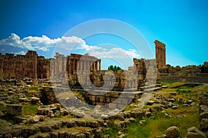 Ruins of Jupiter and Bacchus temples and great court of Heliopolis in Baalbek, Bekaa valley Lebanon