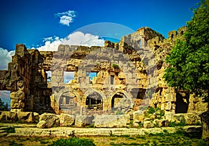 Ruins of Jupiter temple and great court of Heliopolis in Baalbek, Bekaa valley, Lebanon