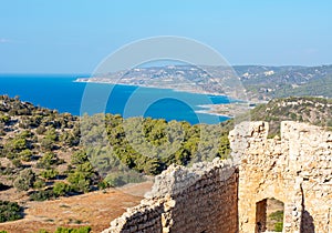 Ruins of Kritinia castle and panorama of Rhodes island, Greece