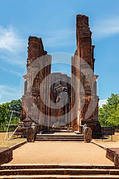 Ruins of Lankatilaka Vihara temple with Buddha image. Pollonaruwa, Sri Lanka