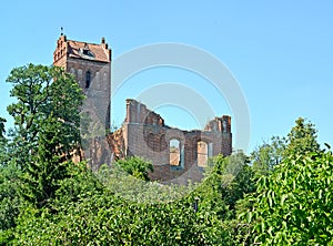 Ruins of Lutheran church of Gerdauen 1345 in summer day. Zheleznodorozhny, Kaliningrad region