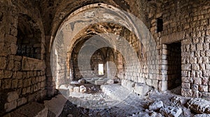 The ruins  of main hall of crusader Fortress Chateau Neuf - Metsudat Hunin is located at the entrance to the Israeli Margaliot