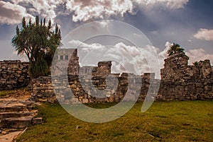 The ruins of mayan city Tulum, situated on cliffs, along the east coast of the Yucatan Peninsula on the Caribbean Sea in the state