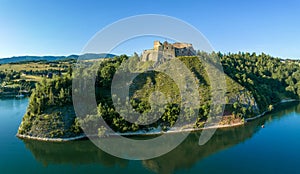 Ruins of medieval castle in Czorsztyn, Poland. Aerial panorama