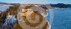 Ruins of medieval castle in Czorsztyn, Poland. Winter panorama