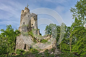 Ruins of medieval castle Starhrad , Slovakia, Mala Fatra, spring day, blue sky with clouds