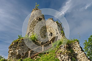 Ruins of medieval castle Starhrad , Slovakia, Mala Fatra, spring day, blue sky with clouds