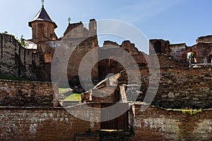 Ruins of medieval old fortress castle and church in Royal Court Targoviste, Romania