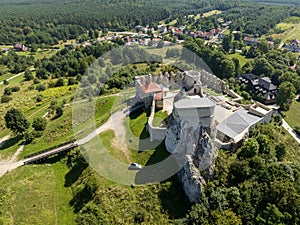 Ruins of medieval royal Rabsztyn Castle in Poland. Rabsztyn Aerial view in summer. Rabsztyn, Poland. Ruins of medieval royal