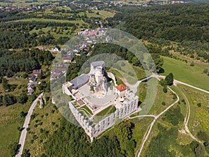 Ruins of medieval royal Rabsztyn Castle in Poland. Rabsztyn Aerial view in summer. Rabsztyn, Poland. Ruins of medieval royal