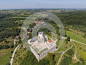 Ruins of medieval royal Rabsztyn Castle in Poland. Rabsztyn Aerial view in summer. Rabsztyn, Poland. Ruins of medieval royal