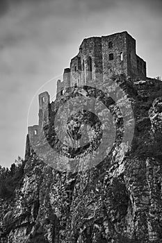 The ruins of medieval Strecno castle near Zilina in Slovakia in