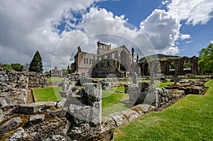 Ruins of Melrose Abbey in Melrose, the Scottish Borders.