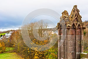 Ruins of Melrose Abbey in the Scottish Borders region in Scotland