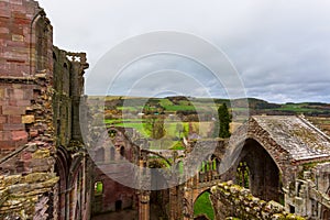 Ruins of Melrose Abbey in the Scottish Borders region in Scotland