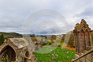 Ruins of Melrose Abbey in the Scottish Borders region in Scotland