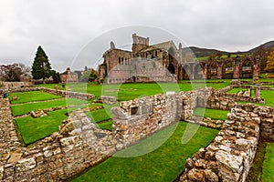 Ruins of Melrose Abbey in the Scottish Borders region in Scotland