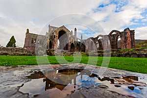 Ruins of Melrose Abbey in the Scottish Borders region in Scotland