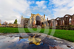 Ruins of Melrose Abbey in the Scottish Borders region in Scotland