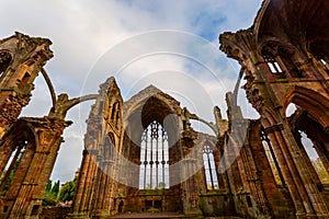 Ruins of Melrose Abbey in the Scottish Borders region in Scotland