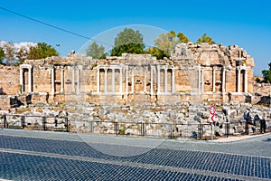 Ruins of Monumental Fountain Nymphaeum in ancient Side, Antalya, Turkey