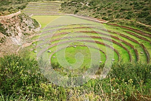 Ruins of Moray (a smaller one), the Incan agricultural terraces in Sacred Valley of the Incas, Cusco Region, Peru