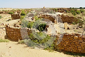 Ruins of the mysterious Kuldhara abandoned settlement in the desert near Jaisalmer, India.