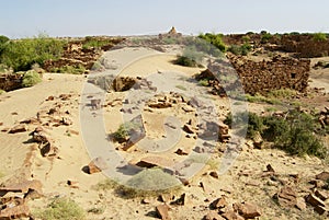 Ruins of the mysterious Kuldhara abandoned settlement in the desert near Jaisalmer, India.