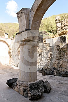 Ruins of narthex Surb Astvatsatsin, Church of Holy Virgin. Ancient Armenian monastery Haghartsin in Tavush region