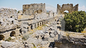 Ruins of the Nymphaeum and Bazilika of ancient city Aspendos. Turkey