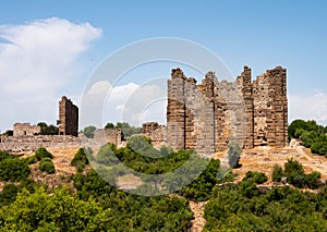 Ruins of Nymphaeum and Bazilika of ancient city Aspendos. Turkey