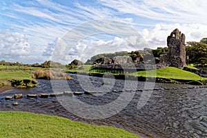 Ruins of Ogmore Castle in Vale of Glamorgan river