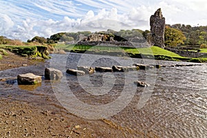 Ruins of Ogmore Castle in Vale of Glamorgan river