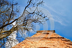 Ruins of an old abandoned church bell tower made of stone and a dry tree under a blue sky on a sunny day