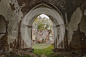 The ruins of an old abandoned church. A large ruined old building of church.