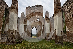 The ruins of an old abandoned church. A large ruined old building of church.