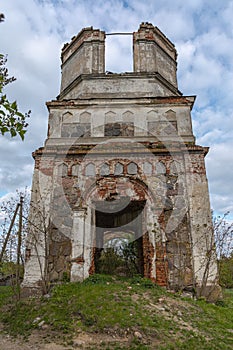 The ruins of old abandoned church in Lithuania. Rudamina Lord of conversion Church. Ancient, landscape.