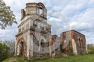 The ruins of old abandoned church in Lithuania. Rudamina Lord of conversion Church. Ancient, landscape.